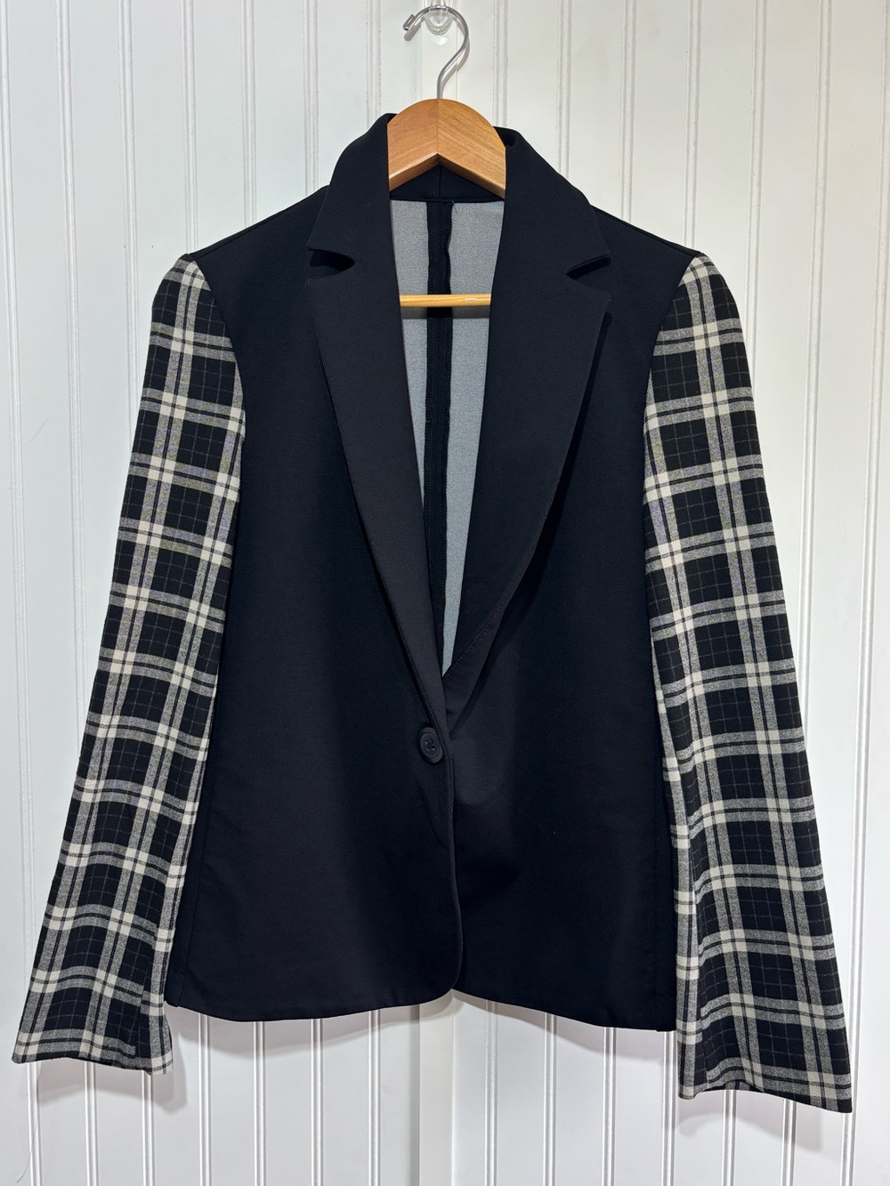 Equestrian Black Plaid Sleeve Blazer Jacket Stretch Size M Made in USA